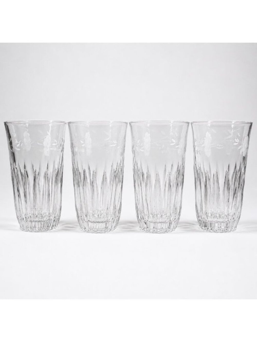 Princess House Heritage 12oz Flat Tumbler Clear Floral Cut Etched Glass Set of 4